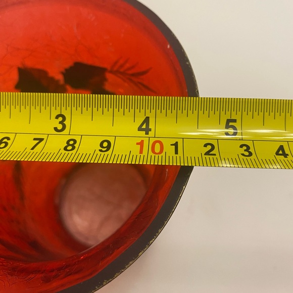 Vintage Red Crackle Glass Hurricane Vase Hand Painted Christmas Poinsettias 6” - Picture 11 of 12